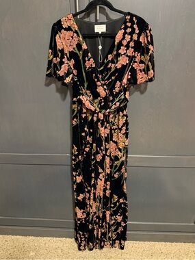 Bohme Black Velvet Maxi Dress with Pink Floral Print
